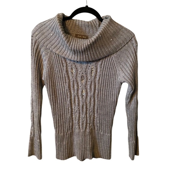 Roz & Ali Sweaters - ROZ & ALI Gray Ribbed Metallic Cowl Neck Sequin Accent Sweater Size M